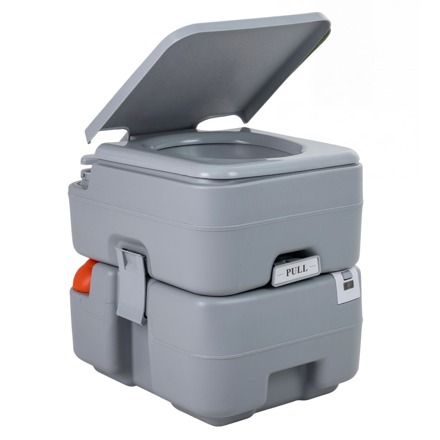 Gray portable camping toilet with level indicator and 22L detachable waste tank for outdoor camping use.