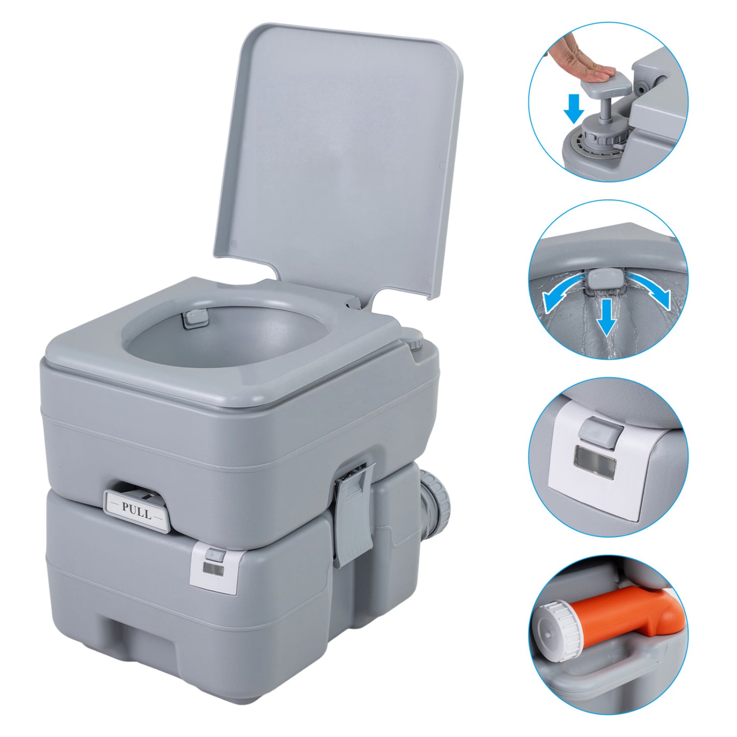Gray portable camping toilet with level indicator and 22L detachable waste tank, ideal for outdoor camping and travel.