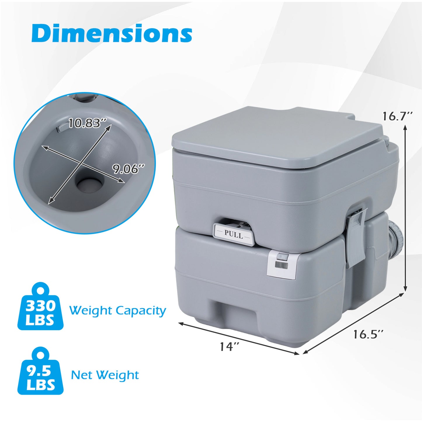 Gray portable camping toilet with level indicator and 22L detachable waste tank for outdoor camping convenience.