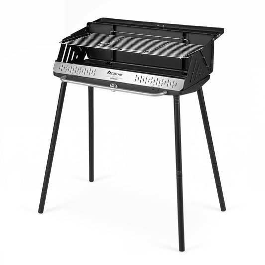 Portable charcoal grill from Wilsons Home Store with detachable legs, adjustable grate, and carrying bag for outdoor grilling.