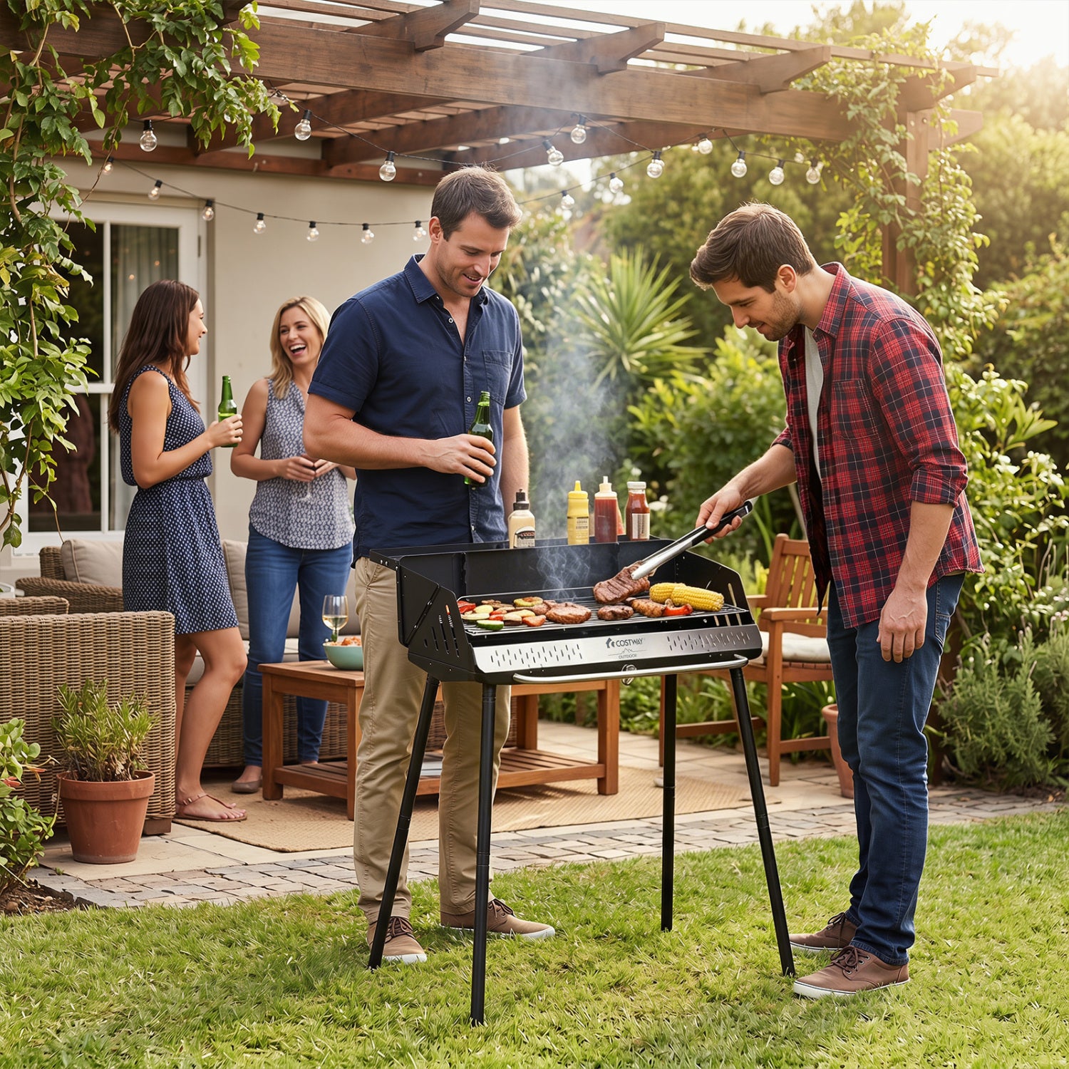 Portable charcoal grill with adjustable grate, detachable legs, and carrying bag, ideal for outdoor grilling.