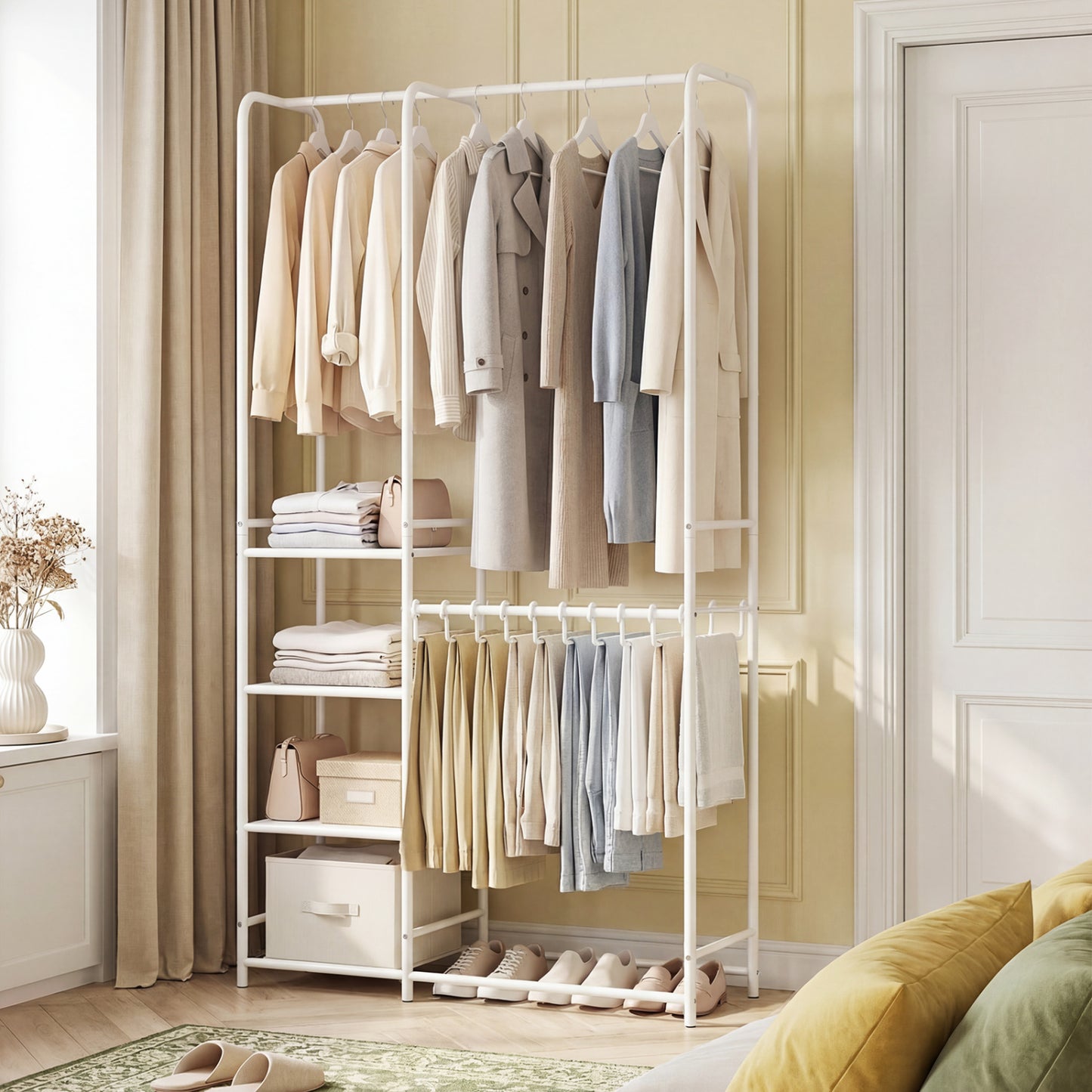 Portable Closet with Pants Hangers and 2 Hanging Rods and 4 Storage Shelves-Black