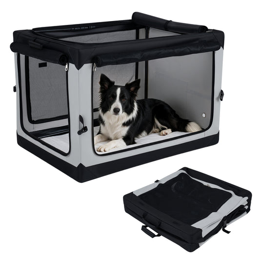 Portable collapsible soft dog crate with four mesh doors, removable mat, and storage pocket for easy pet containment.