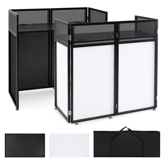 Black portable DJ booth with adjustable feet and detachable tabletop, ideal for musical instrument hobbyists and performances.