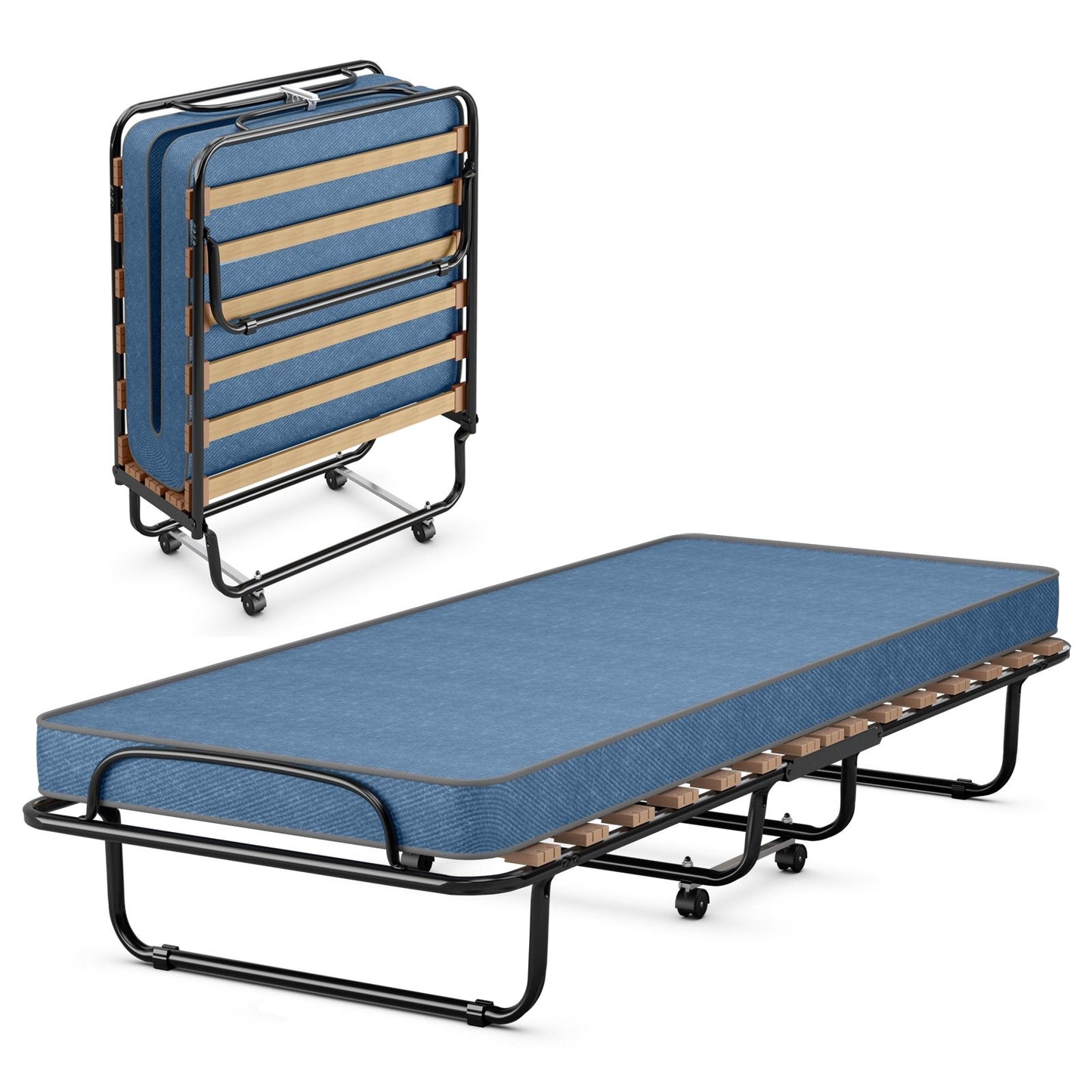 Portable Folding Bed with Memory Foam Mattress and Sturdy Metal Frame Made in Italy-Beige