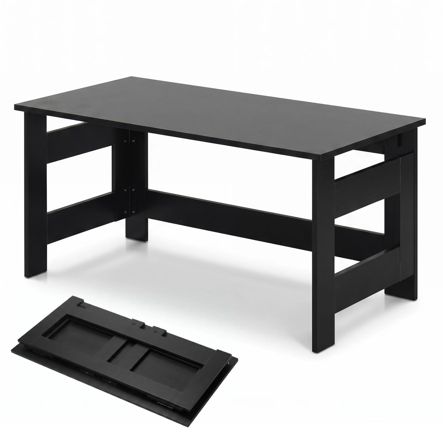 Black portable low floor coffee table with foldable legs, ideal for living room seating and versatile furniture use.
