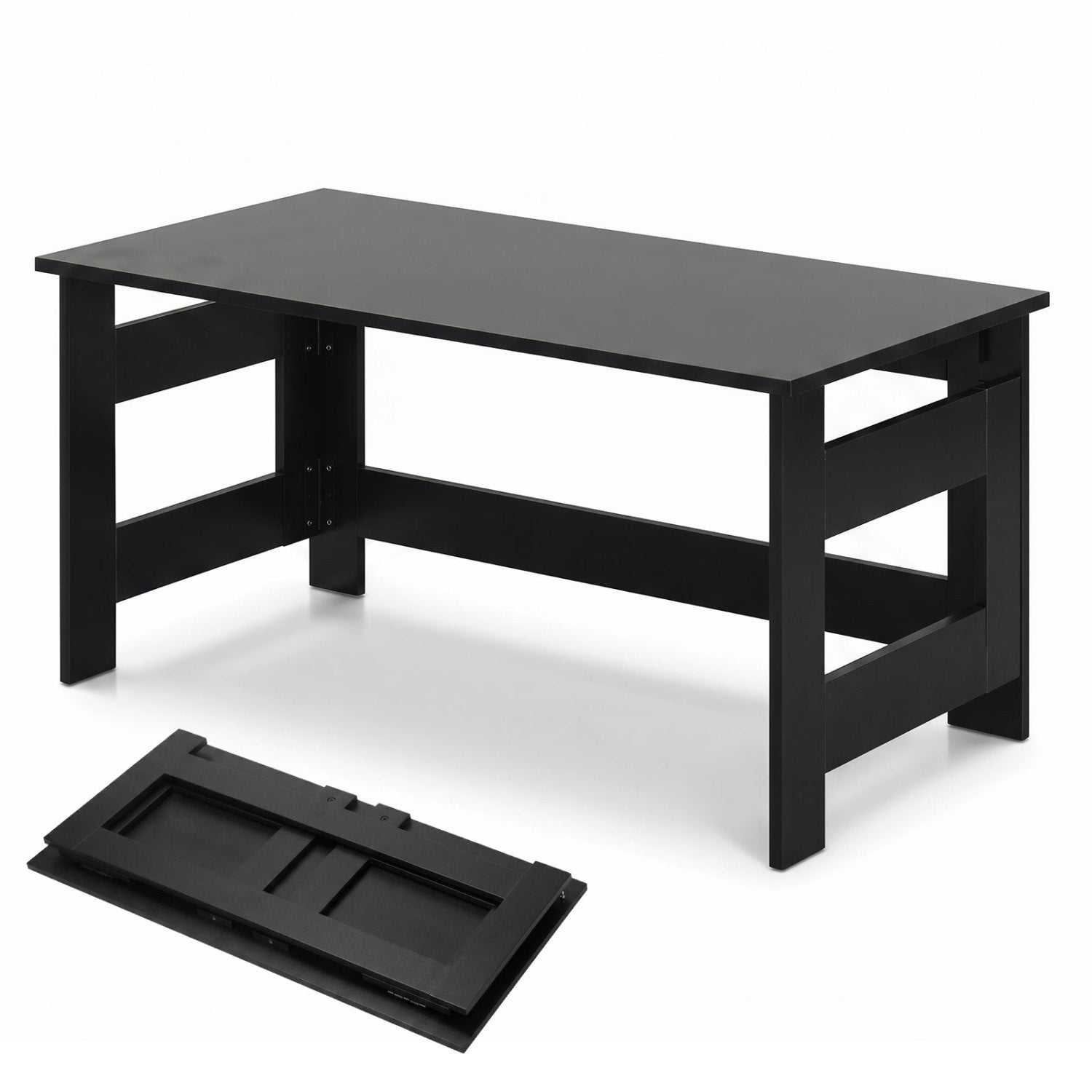 Black portable low floor coffee table with foldable legs, ideal for living room seating and versatile furniture use.