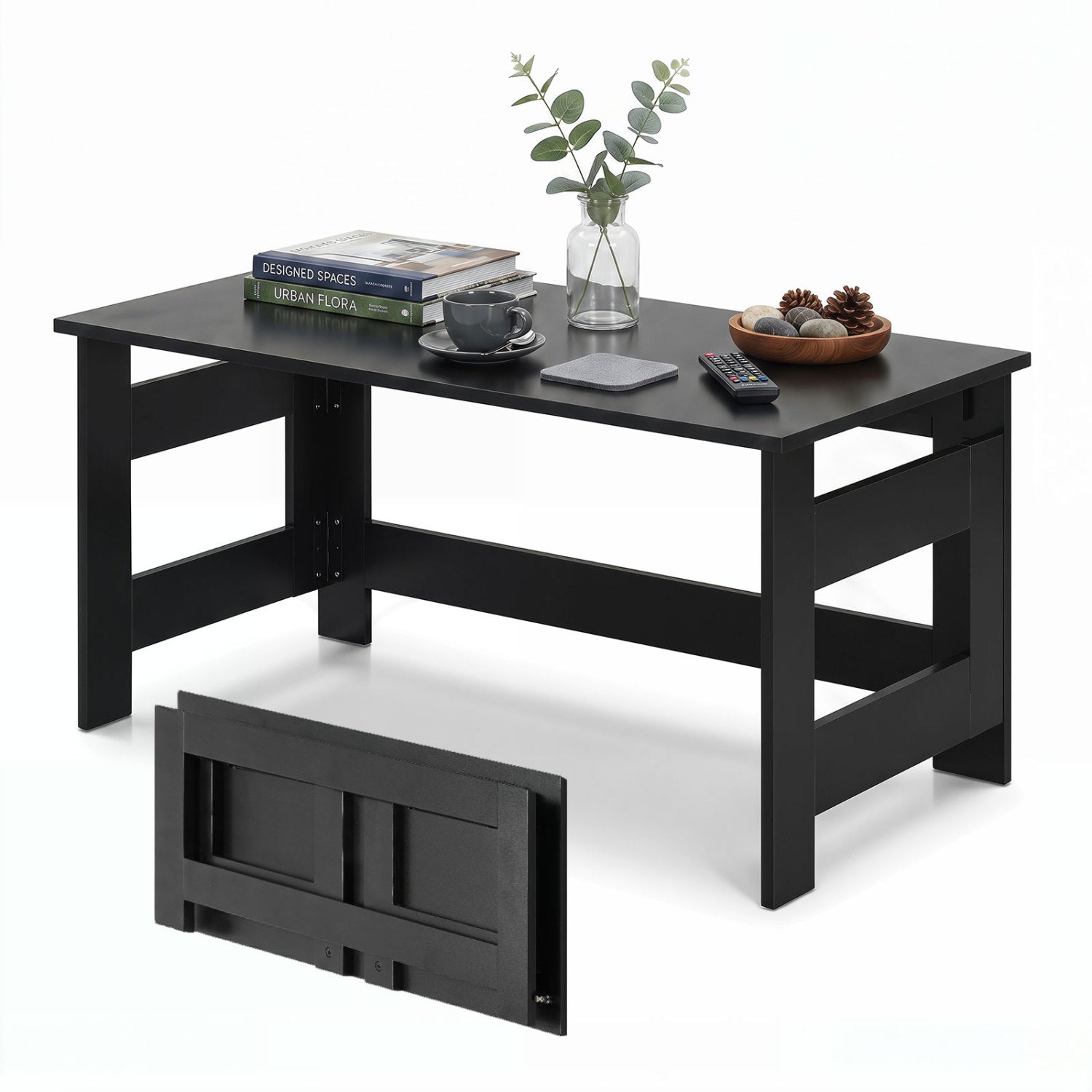 Black portable low floor coffee table with foldable legs, ideal for living room, by Wilsons Home Store.