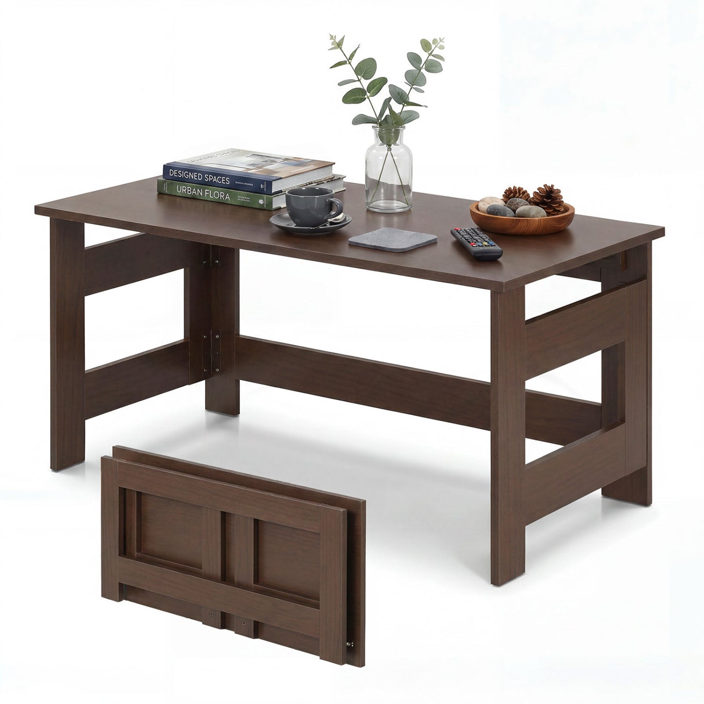 Black portable low floor coffee table with foldable legs, ideal for living room use, by Wilsons Home Store.