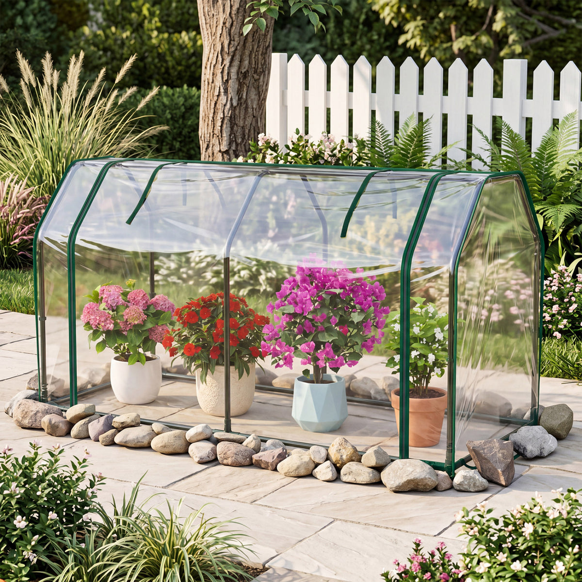 Green mini outdoor greenhouse with PE cover and zippered door for vegetables, ideal for garden use.
