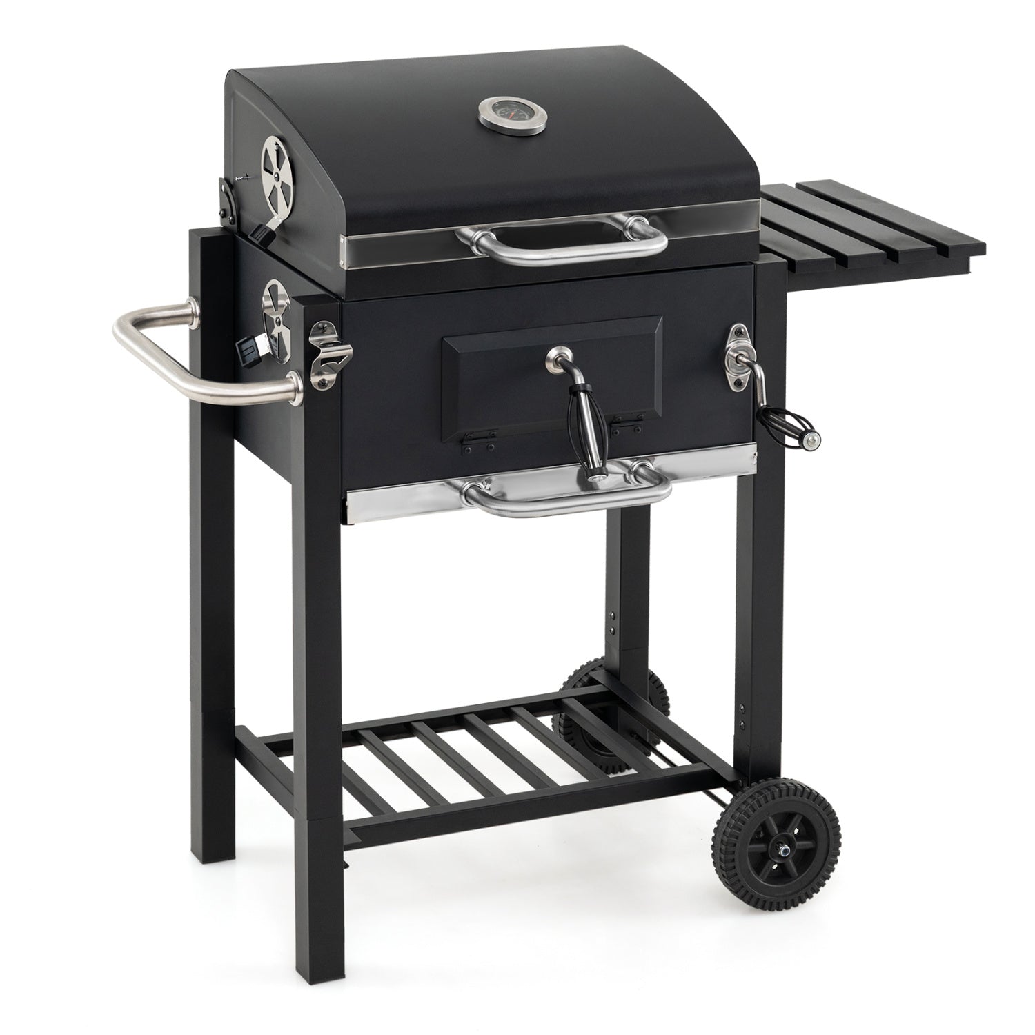 Black portable outdoor barbecue grill with adjustable charcoal tray and wheels, perfect for outdoor cooking and grilling.