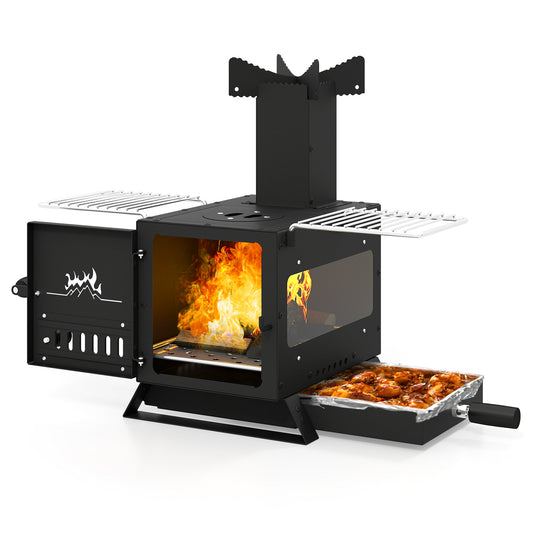 Portable Wood Burning Stove Mini Heater Burner with Pot Rack Oven Pan-Black