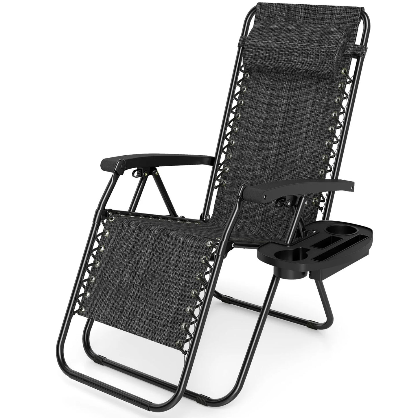 Gray portable zero gravity chair with cup holder tray and backrest, outdoor patio seating by Wilsons Home Store