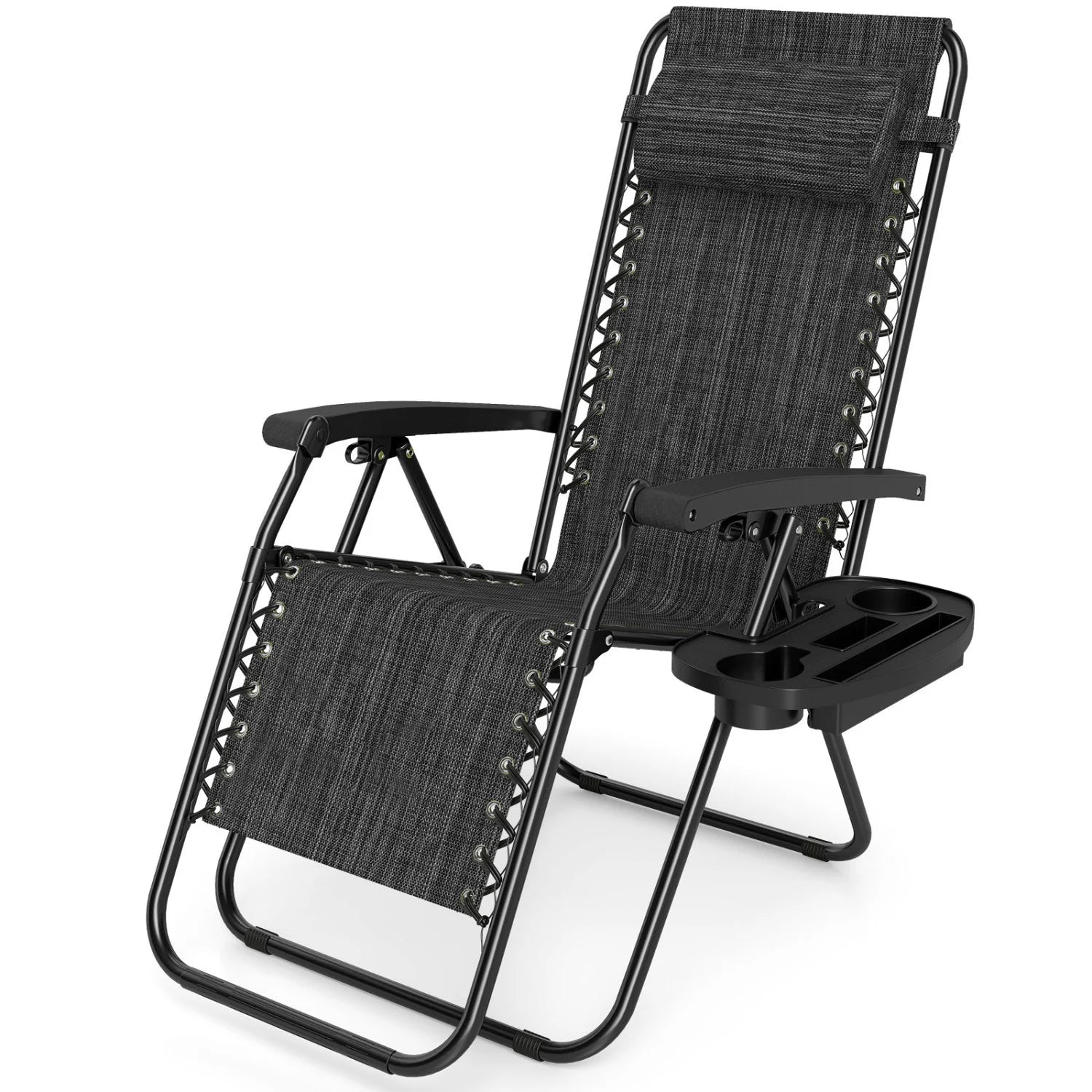 Gray portable zero gravity chair with cup holder tray and backrest, outdoor patio seating by Wilsons Home Store