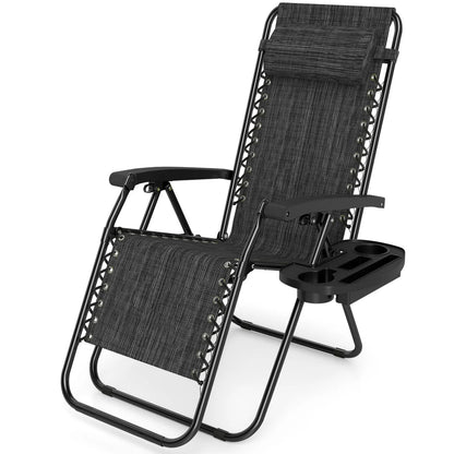Gray portable zero gravity chair with cup holder tray and backrest, outdoor patio seating by Wilsons Home Store