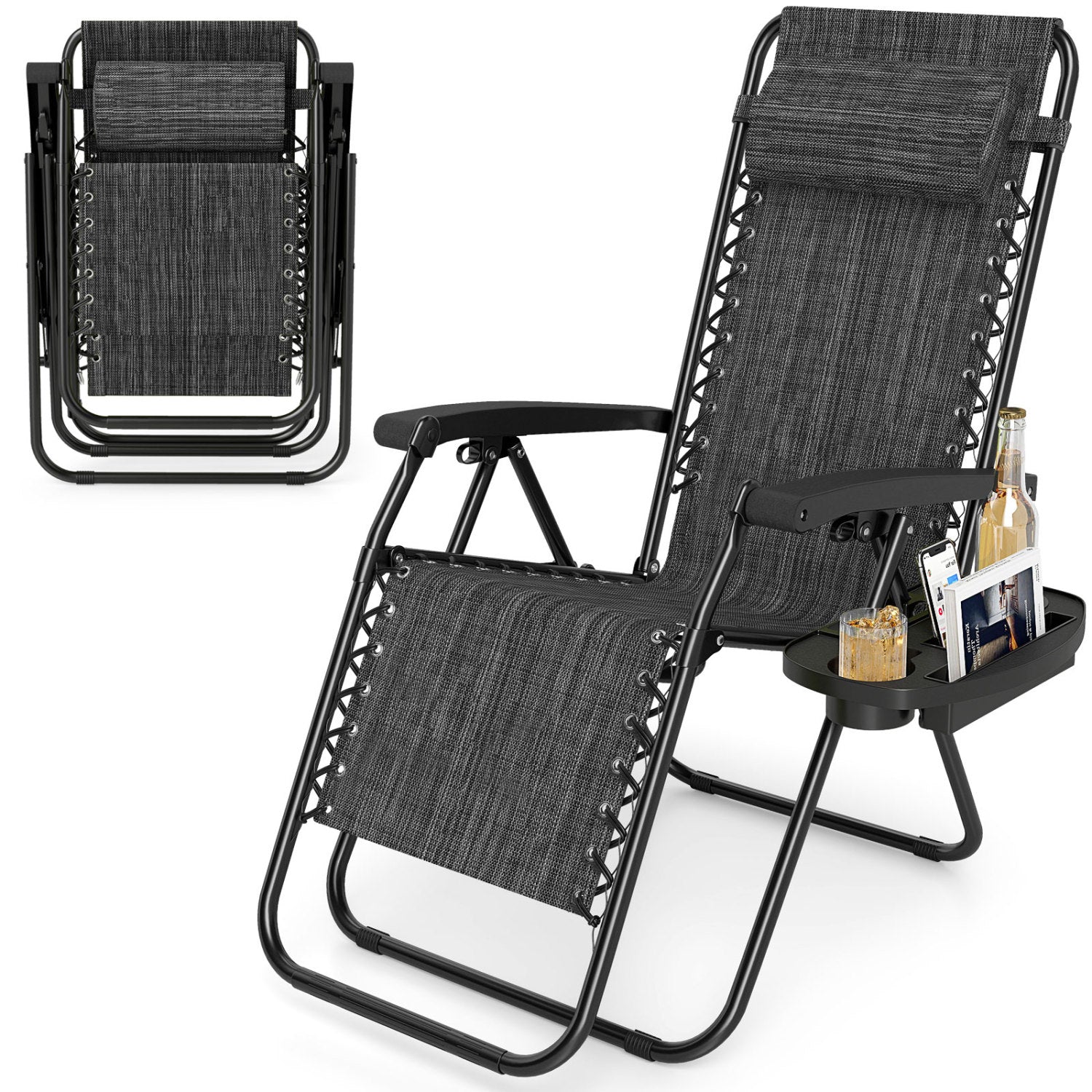 Gray portable zero gravity chair with cup holder tray and adjustable backrest, ideal for outdoor patio and lawn relaxation.