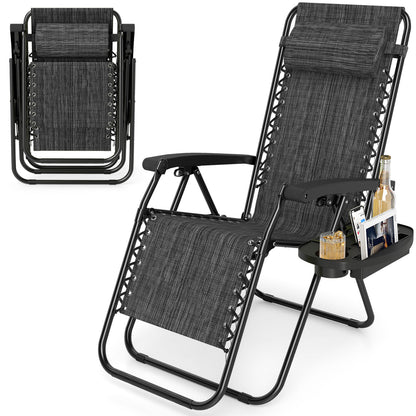 Gray portable zero gravity chair with cup holder tray and adjustable backrest, ideal for outdoor patio and lawn relaxation.