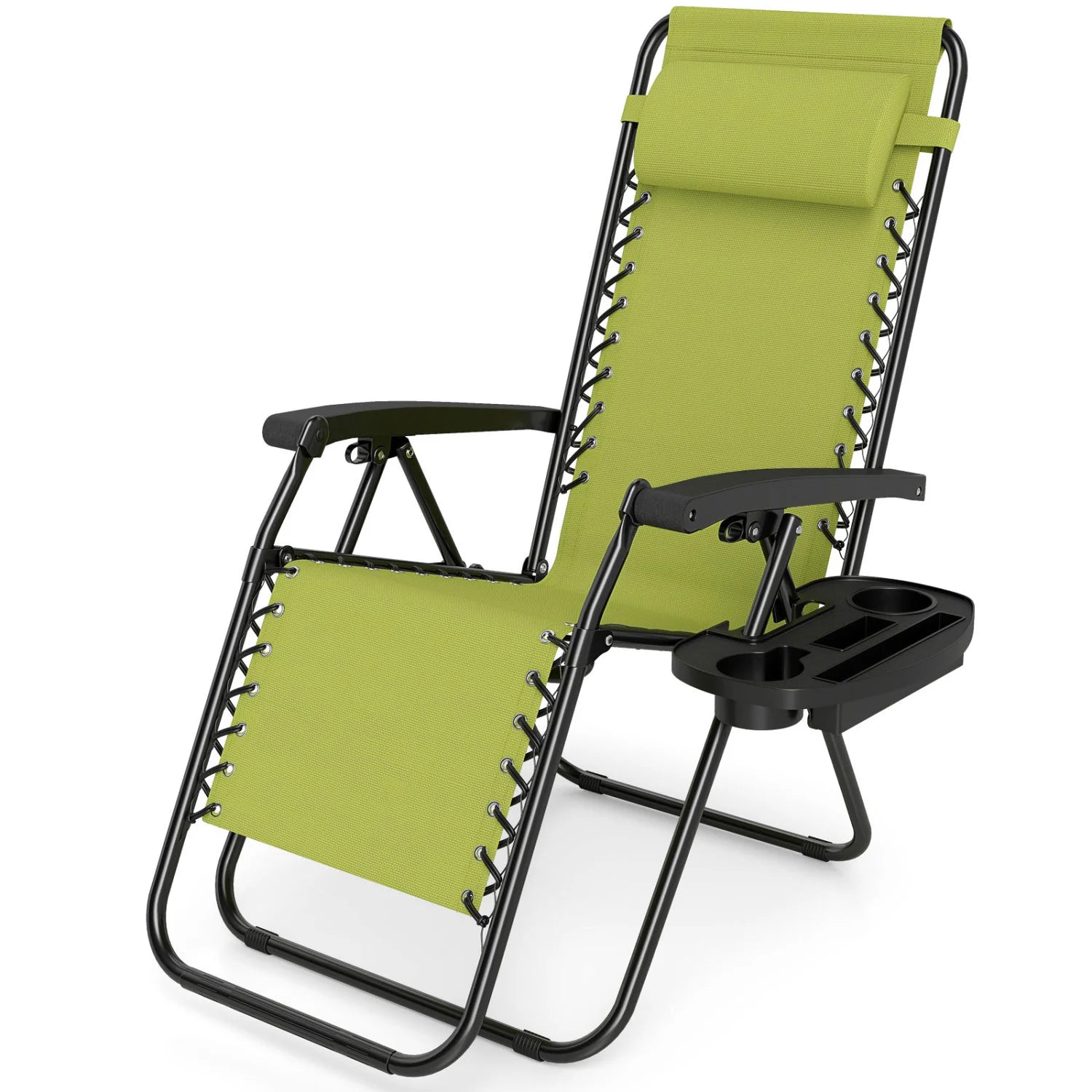 Gray portable zero gravity chair with cup holder tray and adjustable backrest, outdoor patio seating for lawn or beach use.