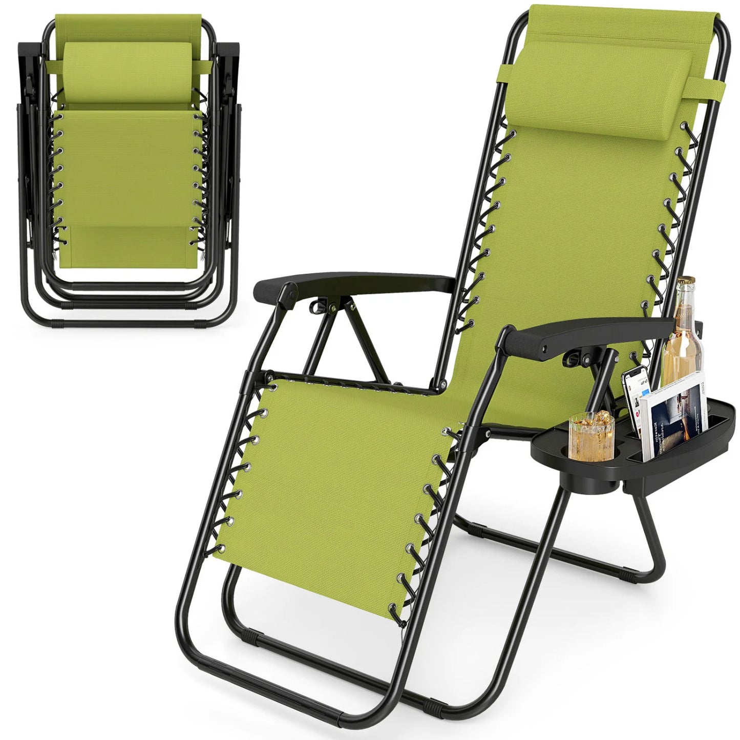 Gray portable zero gravity chair with cup holder tray and adjustable backrest, outdoor lawn and patio seating by Wilsons Home Store.