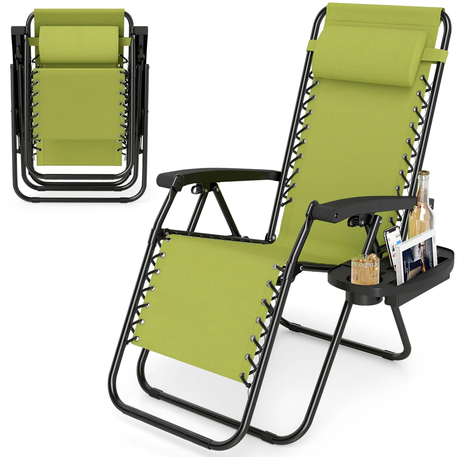 Gray portable zero gravity chair with cup holder tray and adjustable backrest, outdoor lawn and patio seating by Wilsons Home Store.