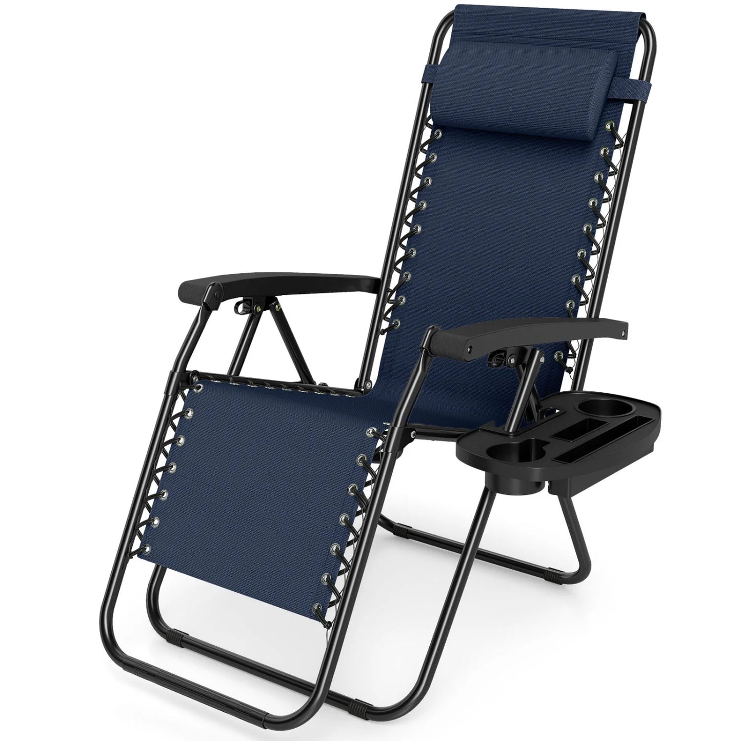 Gray portable zero gravity chair with cup holder tray and adjustable backrest, ideal for outdoor patio and beach relaxation.