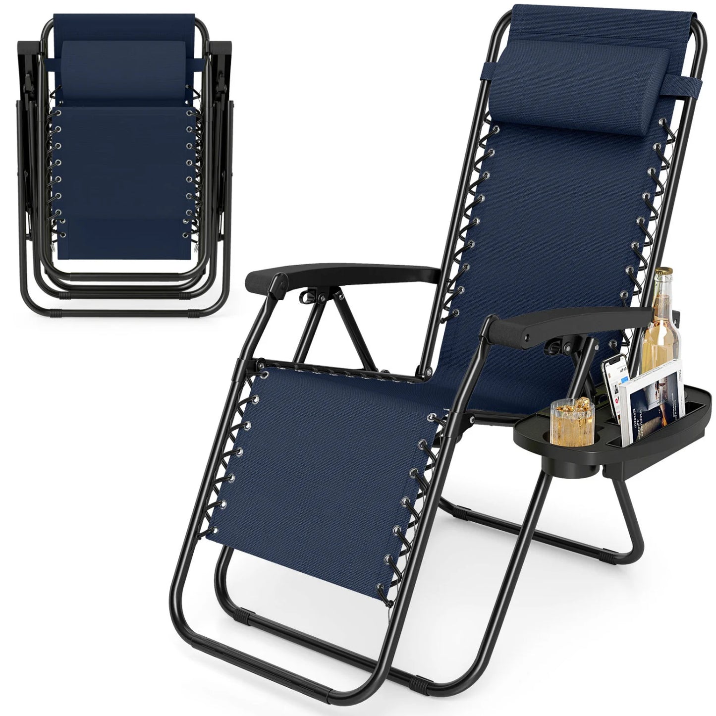 Gray portable zero gravity chair with cup holder tray and adjustable backrest, outdoor lawn and patio seating.