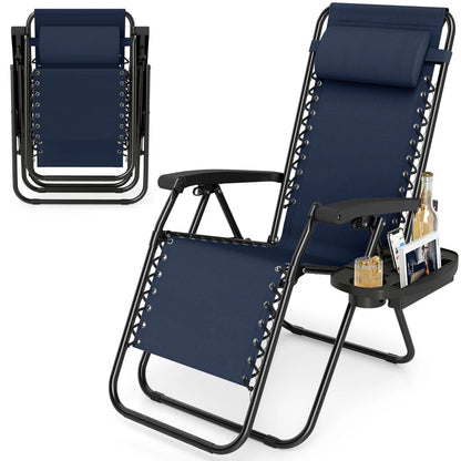 Gray portable zero gravity chair with cup holder tray and adjustable backrest, outdoor lawn and patio seating.