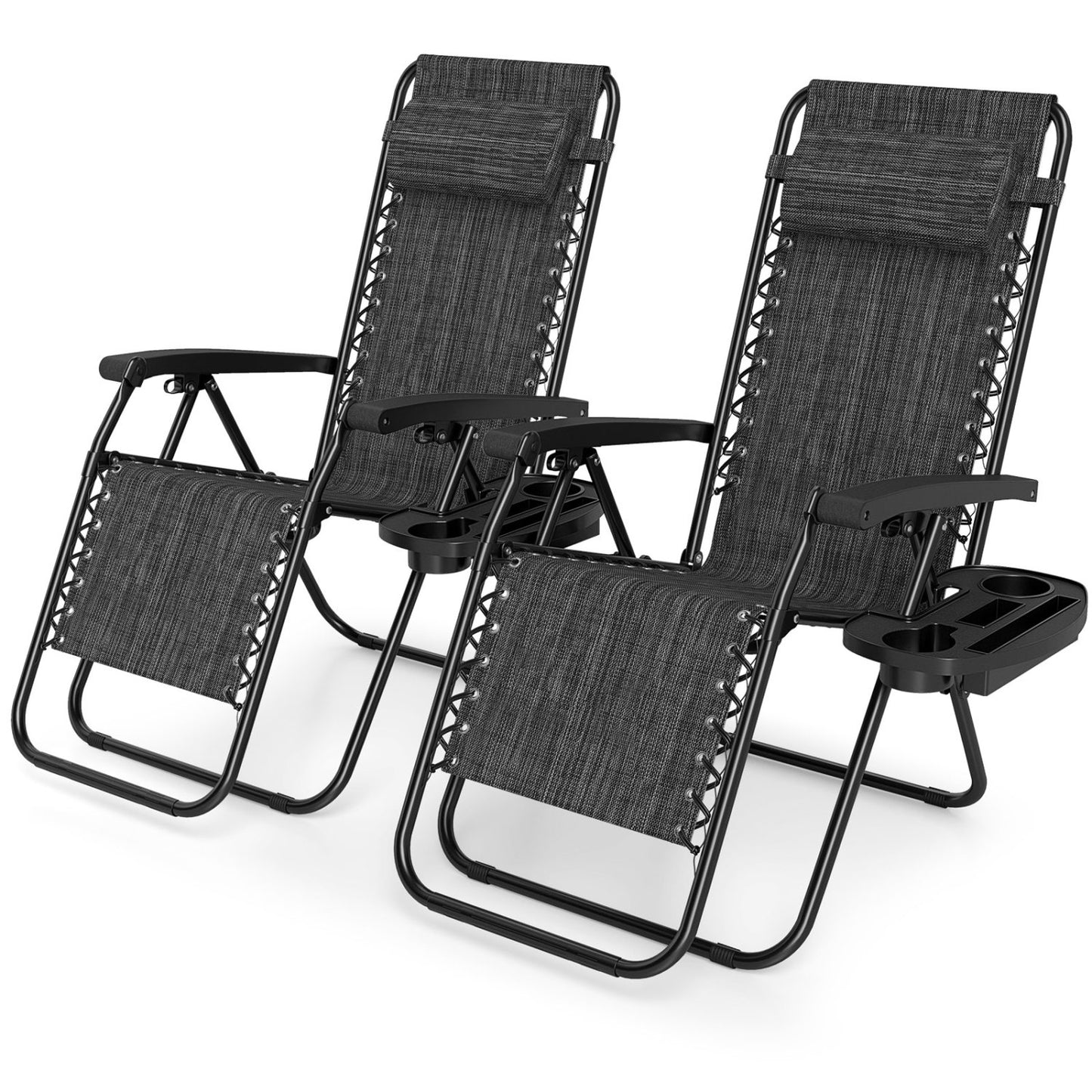Set of two gray portable zero gravity outdoor chairs with cup holder trays and adjustable backrests for patio or beach use.