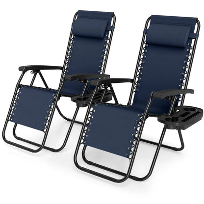Set of two gray portable zero gravity outdoor chairs with cup holder trays and adjustable backrests for patio relaxation