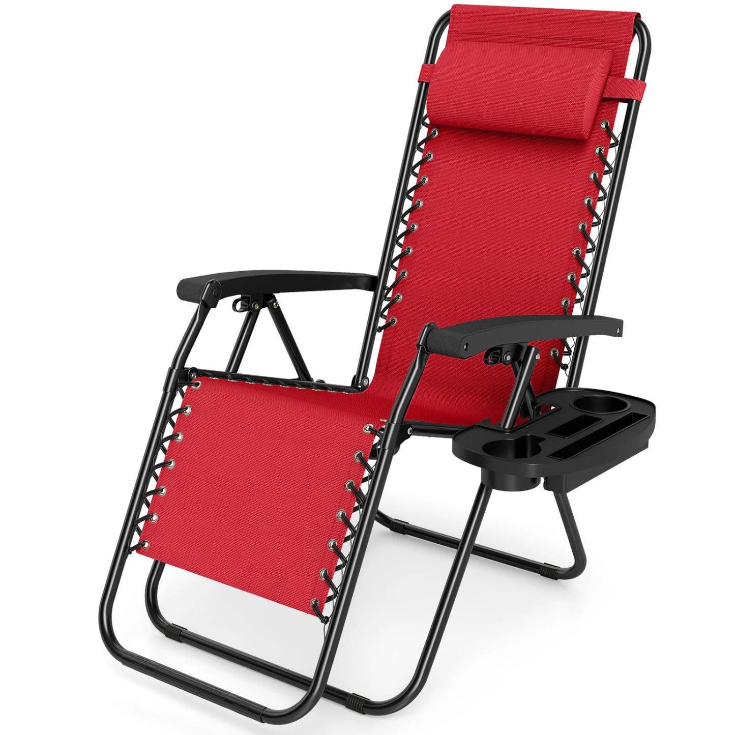 Set of two gray portable zero gravity outdoor chairs with cup holder trays and adjustable backrests.