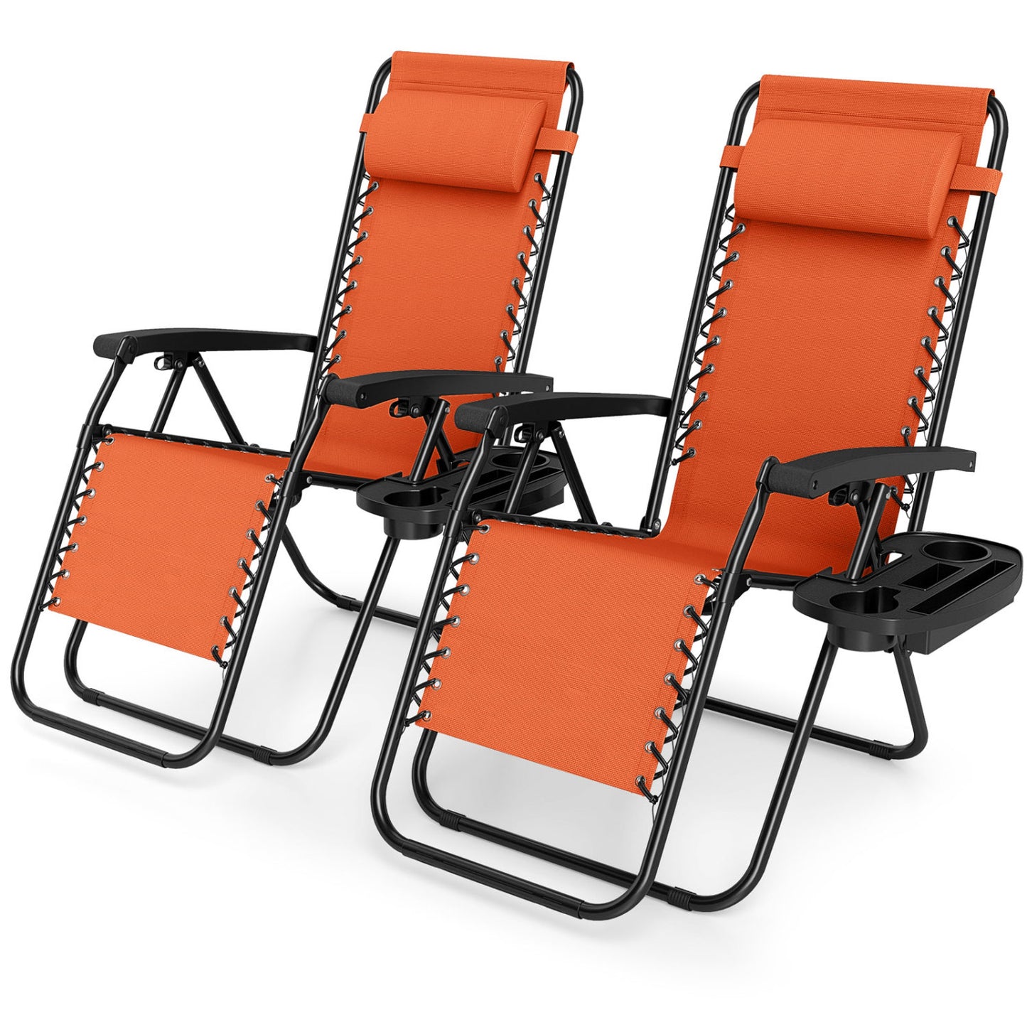 Set of two gray portable zero gravity chairs with cup holder trays and adjustable backrests for outdoor patio relaxation.