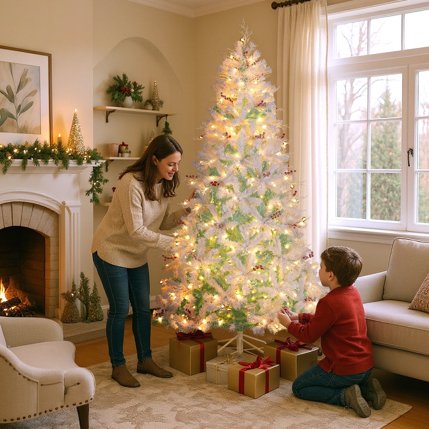Pre-Lit Artificial Christmas Tree with Snow Flocked Branch Tips-S
