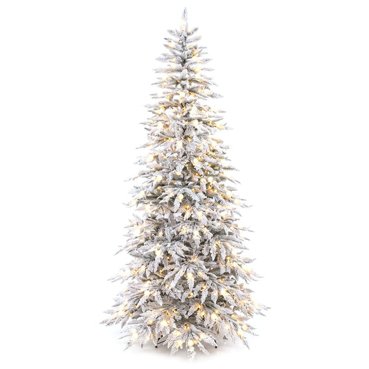 8-foot pre-lit artificial Christmas tree with 280-440 warm white LED lights and 8 lighting modes for holiday decorating.
