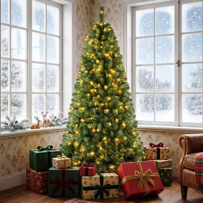 7-foot pre-lit green artificial Christmas tree with full branch tips, decorated with lights, from Wilsons Home Store.