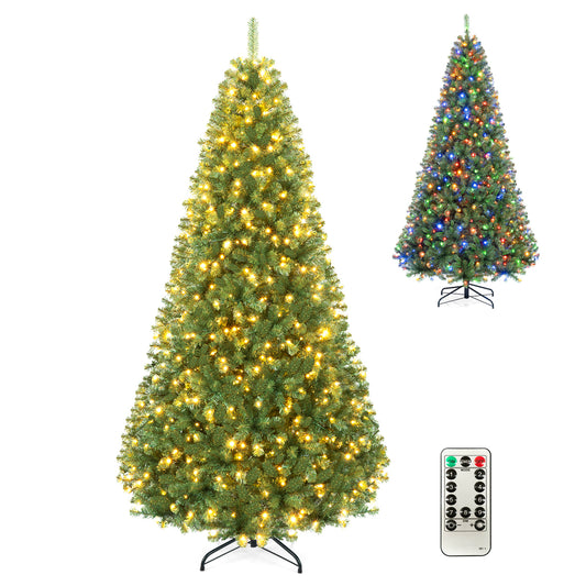 Pre-lit 8-foot green artificial Christmas tree with full branch tips, ideal for holiday decor, by Wilsons Home Store.
