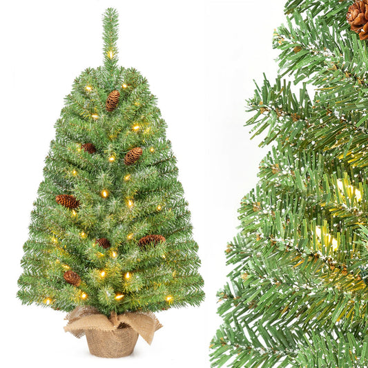 Mini Christmas tree with 50 warm white LED lights, pre-lit decor, 3 ft tall, featuring a built-in timer for holiday decoration.