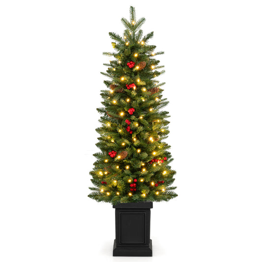 Pre-lit potted artificial Christmas tree with 100, 150, or 200 warm white LED lights, 4 feet tall, holiday decor by Wilsons Home Store.