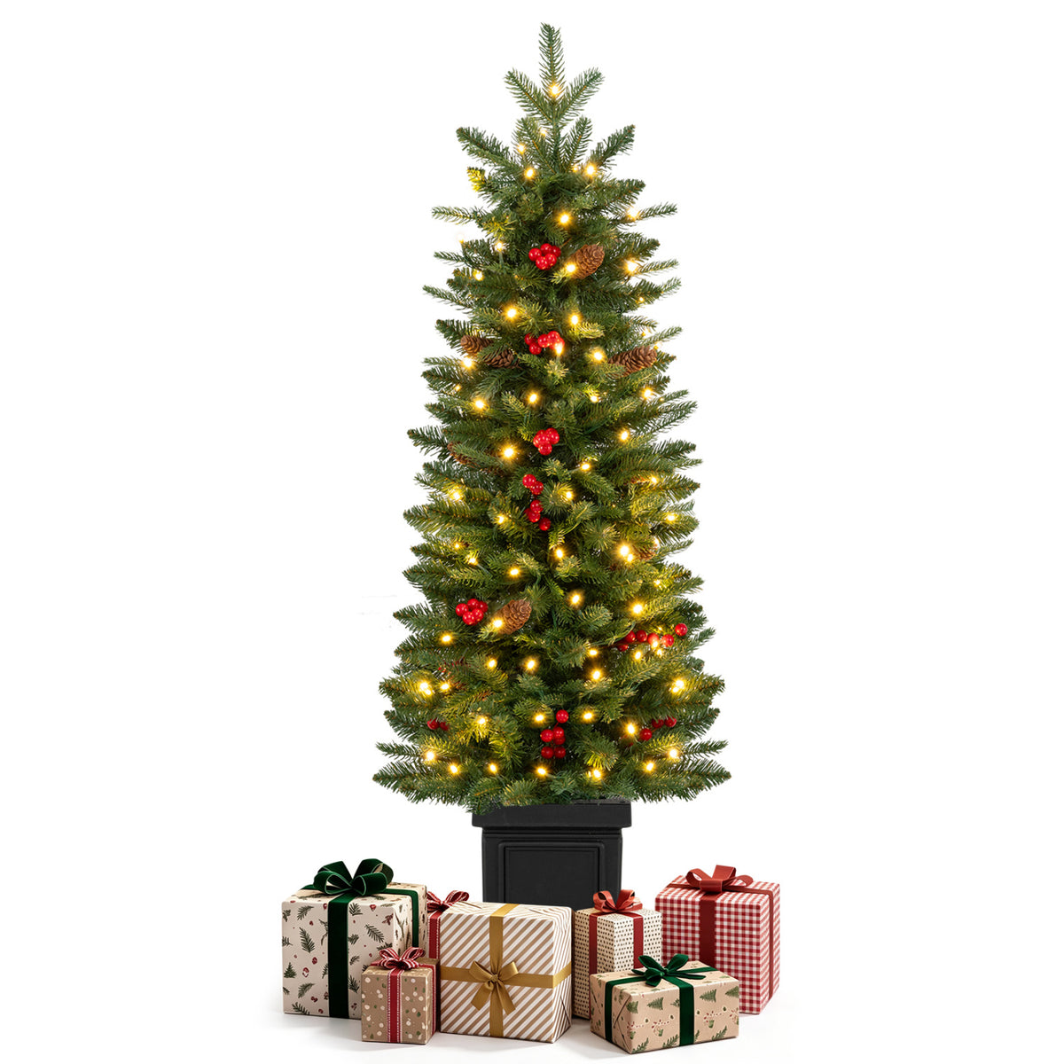 Pre-Lit Potted Artificial Christmas Tree with 100/150/200 Warm White LED Lights-4FT
