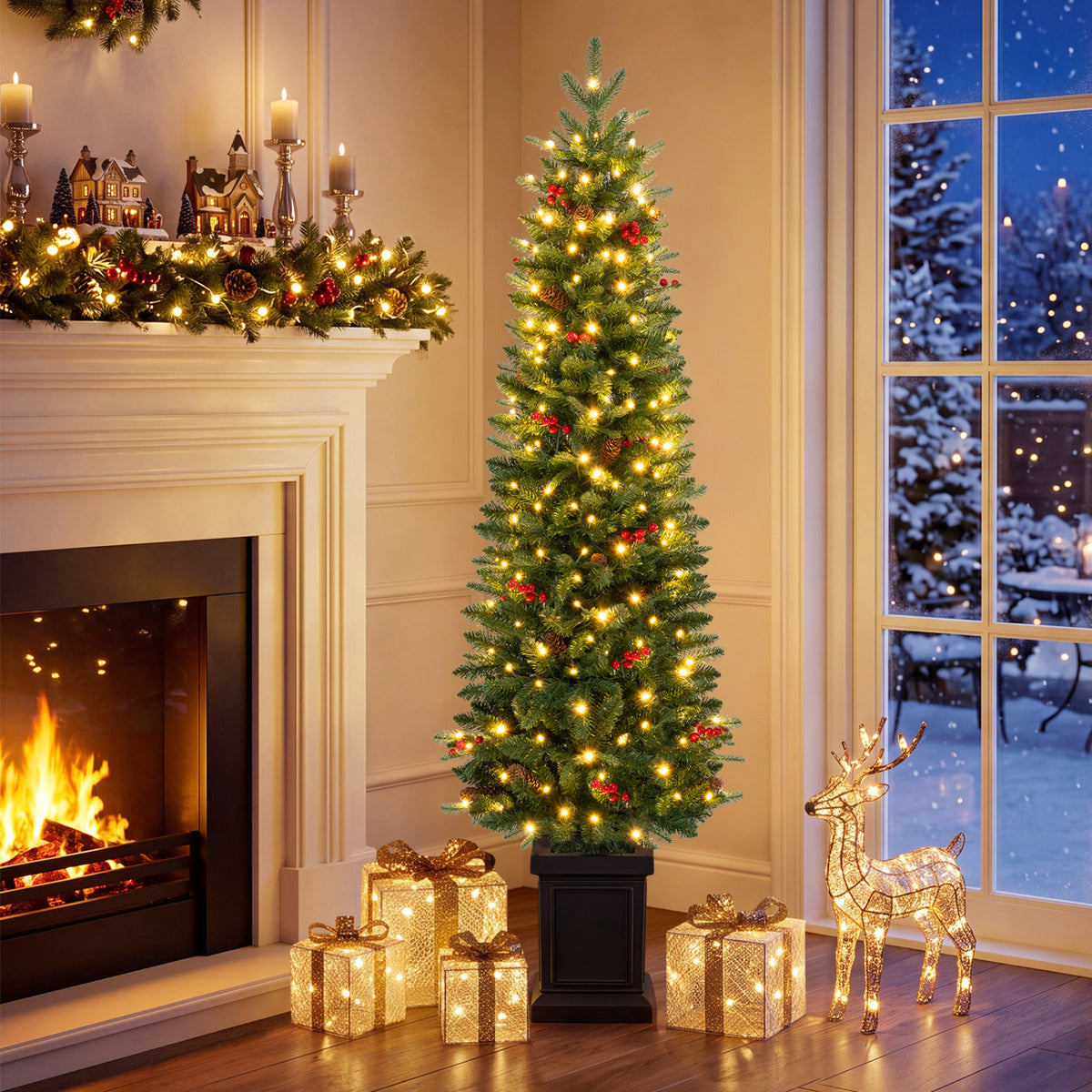 Pre-Lit Potted Artificial Christmas Tree with 100/150/200 Warm White LED Lights-5FT