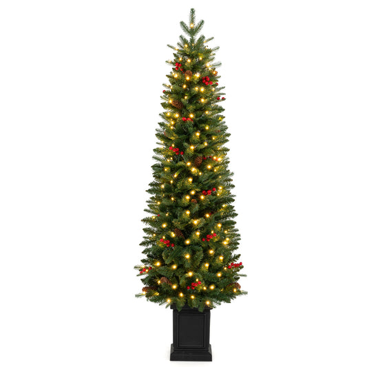 Pre-Lit Potted Artificial Christmas Tree with 100/150/200 Warm White LED Lights-5FT