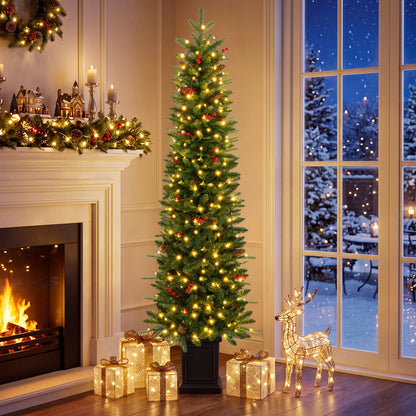Pre-Lit Potted Artificial Christmas Tree with 100/150/200 Warm White LED Lights-6FT