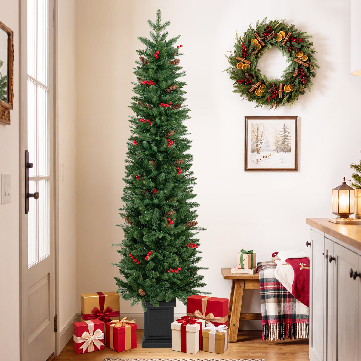 Pre-Lit Potted Artificial Christmas Tree with 100/150/200 Warm White LED Lights-6FT