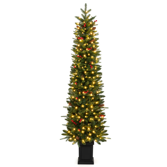 Pre-Lit Potted Artificial Christmas Tree with 100/150/200 Warm White LED Lights-6FT