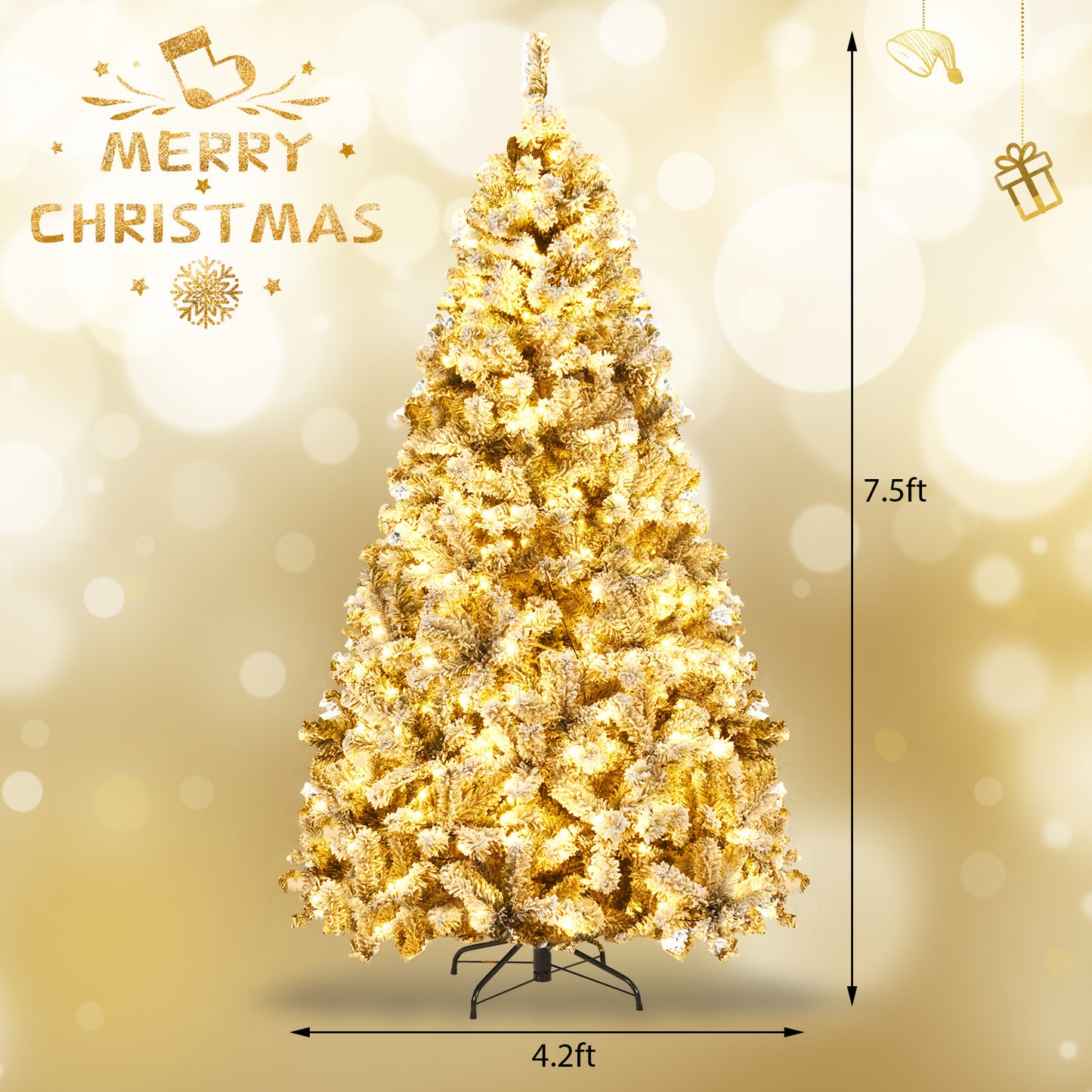 Pre-Lit Premium Snow Flocked Hinged Artificial Christmas Tree-7.5 ft
