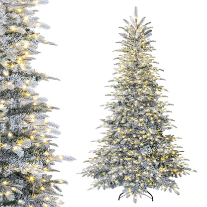 Pre-Lit Snow Flocked Artificial Christmas Tree with Easy-Setup Hinges for Holiday-7FT