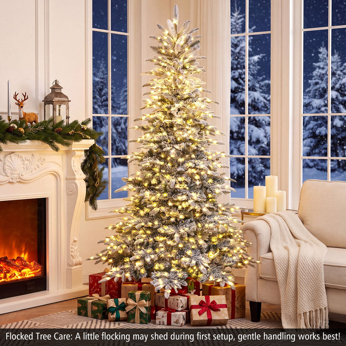 Pre-Lit Snow Flocked Artificial Christmas Tree with Easy-Setup Hinges for Holiday-7FT