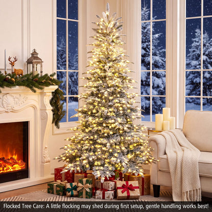 Pre-Lit Snow Flocked Artificial Christmas Tree with Easy-Setup Hinges for Holiday-7FT
