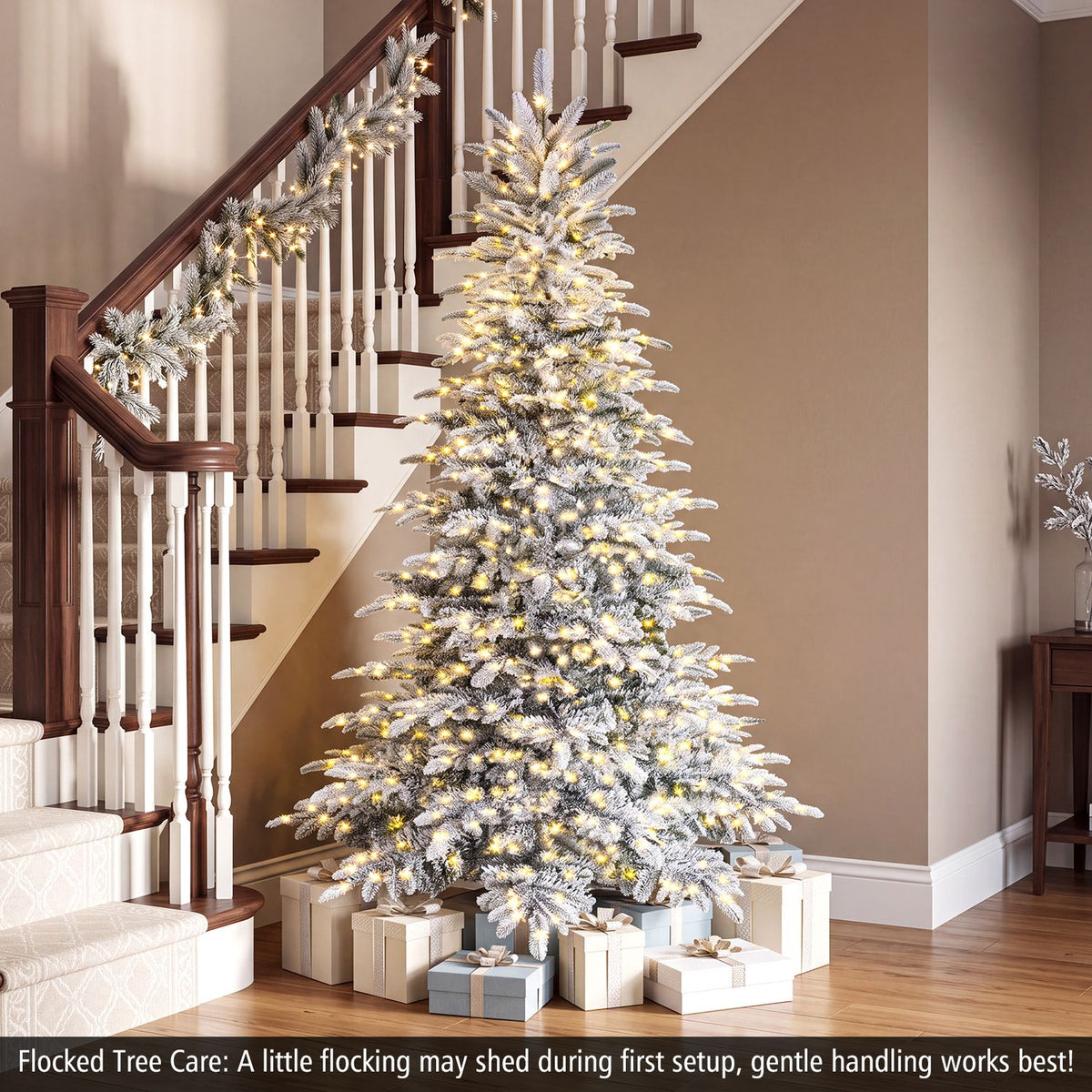 Pre-Lit Snow Flocked Artificial Christmas Tree with Easy-Setup Hinges for Holiday-7FT