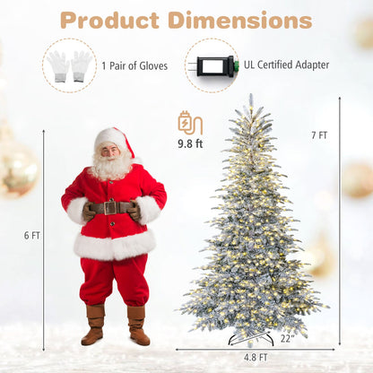 Pre-Lit Snow Flocked Artificial Christmas Tree with Easy-Setup Hinges for Holiday-7FT