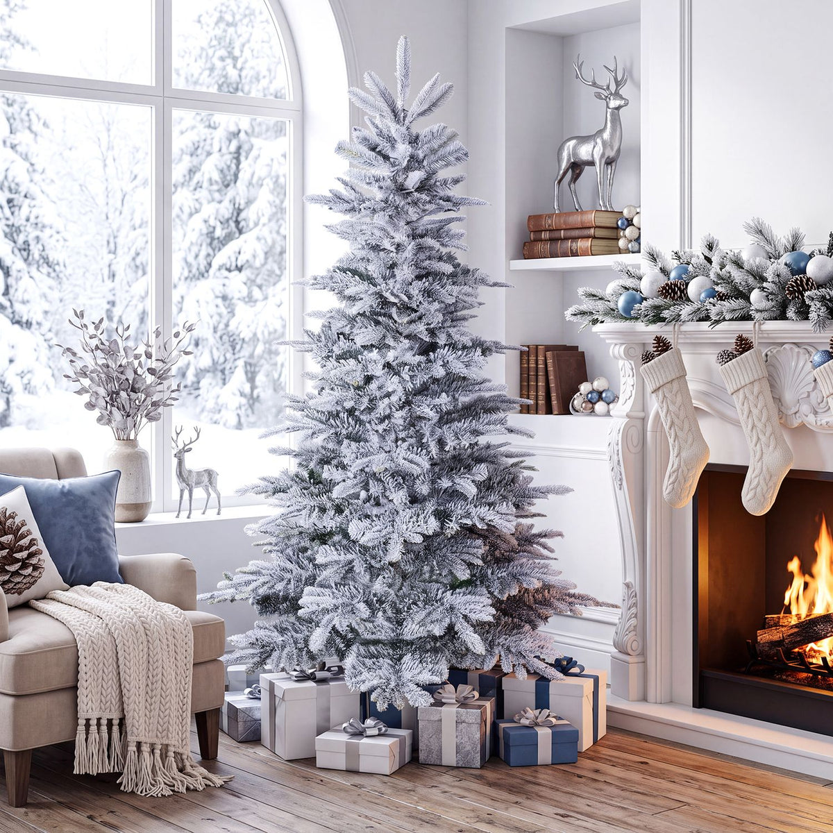 Pre-Lit Snow Flocked Artificial Christmas Tree with Easy-Setup Hinges for Holiday-6FT